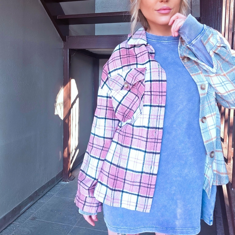 Pink And Gray Color Block Plaid Shacket - Picture 8 of 8